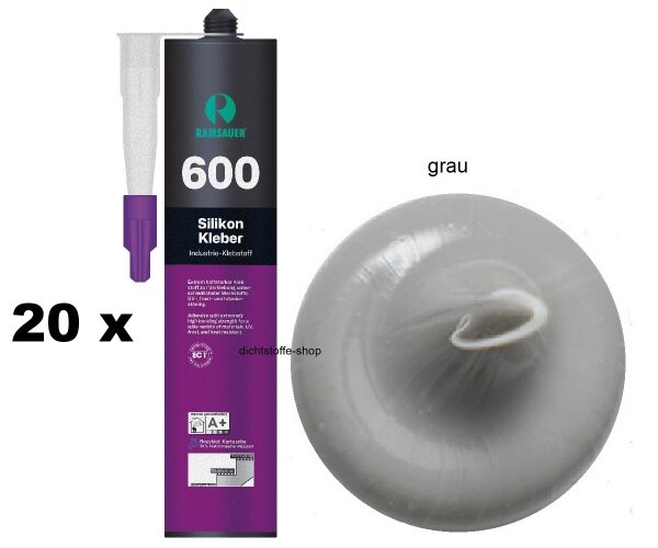 20 x Ramsauer 600 1K Silikon Klebstoff 395g Kartusche grau