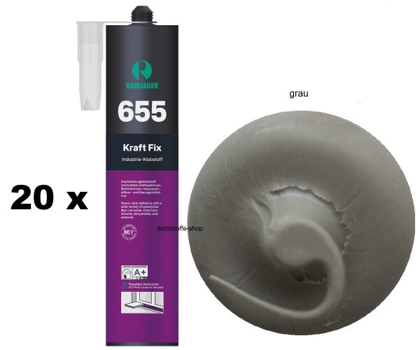 20 x Ramsauer 655 Kraft Fix grau 1K Hybrid Klebstoff 450g/290ml Kartusche