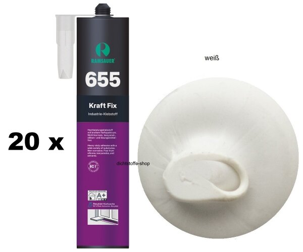 20 x Ramsauer 655 Kraft Fix weiß 1K Hybrid Klebstoff 450g/290ml Kartusche