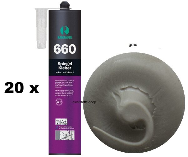 20 x Ramsauer 660 Spiegel Kleber grau 1K Hybrid Klebstoff 430g/290ml Kartusche