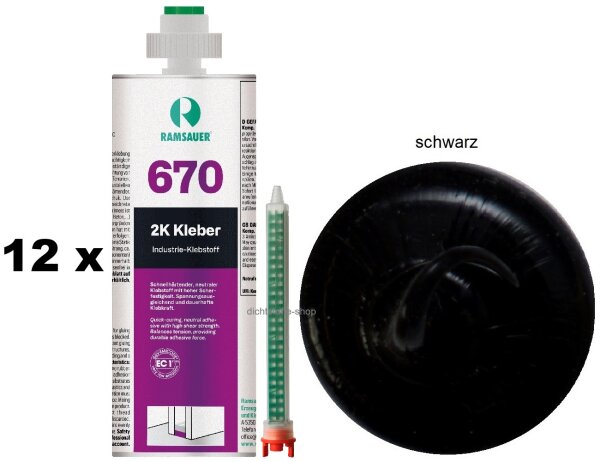 12 x Ramsauer 670 2K Silikon Klebstoff 620g Doppelkartusche schwarz