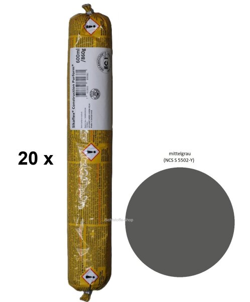 20 x Sikaflex Construction mittelgrau 1K Polyurethan Dichtstoff 600 ml Beutel
