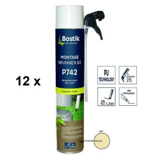 12 x Bostik Montage Brunnen B2 P742 1K PU-Polyurethan Brunnenschaum 750ml Dose gelb