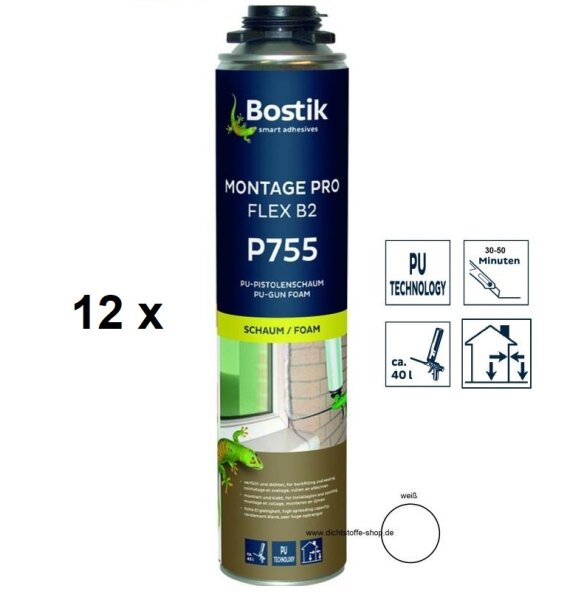 12 x Bostik Montage Pro Flex B2 P755 1K PU-Polyurethan Schaum 750ml NBS Dose weiß