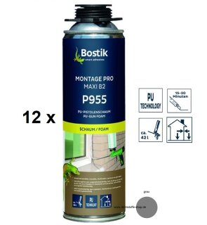 12 x Bostik Montage Pro Maxi B2 P955 1K PU-Polyurethan Schaum 500ml NBS Dose grau